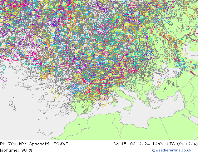 RH 700 hPa Spaghetti ECMWF  15.06.2024 12 UTC