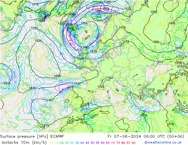 Isotachs (kph) ECMWF Sex 07.06.2024 06 UTC