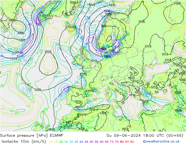 Isotachen (km/h) ECMWF zo 09.06.2024 18 UTC