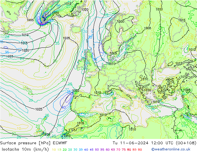 Isotachen (km/h) ECMWF Di 11.06.2024 12 UTC