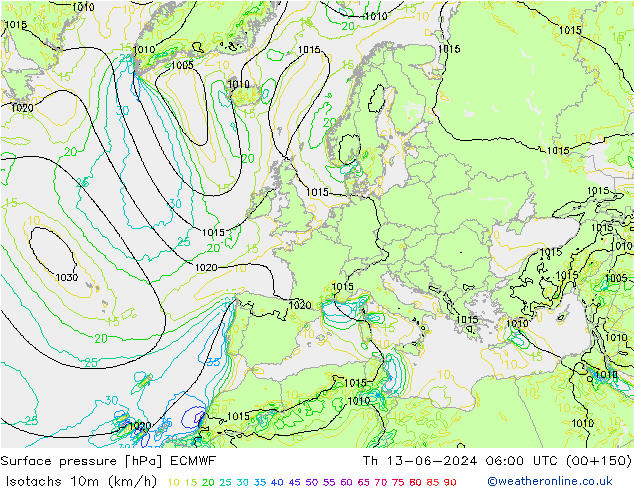 Isotachs (kph) ECMWF jeu 13.06.2024 06 UTC