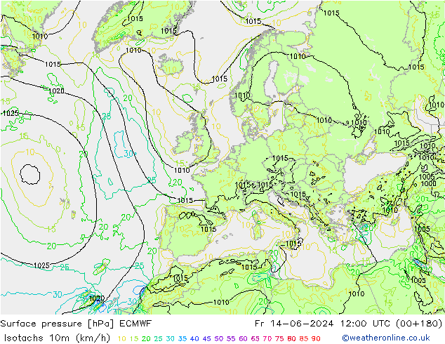 Isotachs (kph) ECMWF Pá 14.06.2024 12 UTC