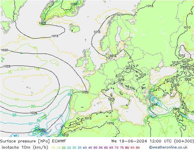 Isotachs (kph) ECMWF Qua 19.06.2024 12 UTC