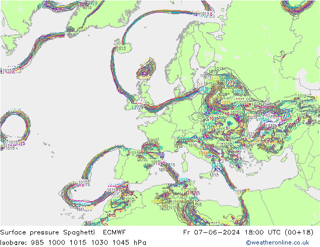 Surface pressure Spaghetti ECMWF Fr 07.06.2024 18 UTC