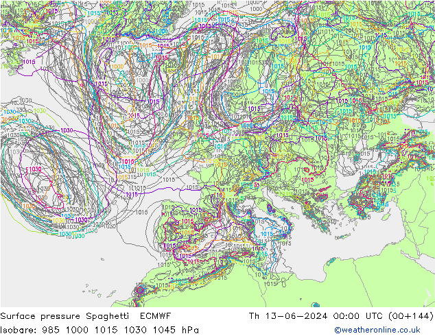 Bodendruck Spaghetti ECMWF Do 13.06.2024 00 UTC