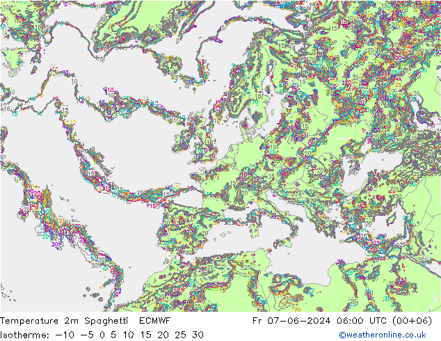 Temperature 2m Spaghetti ECMWF Fr 07.06.2024 06 UTC