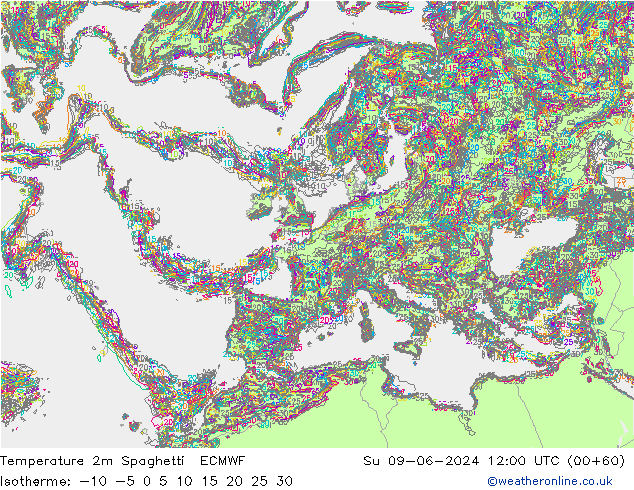 Temperatura 2m Spaghetti ECMWF Dom 09.06.2024 12 UTC