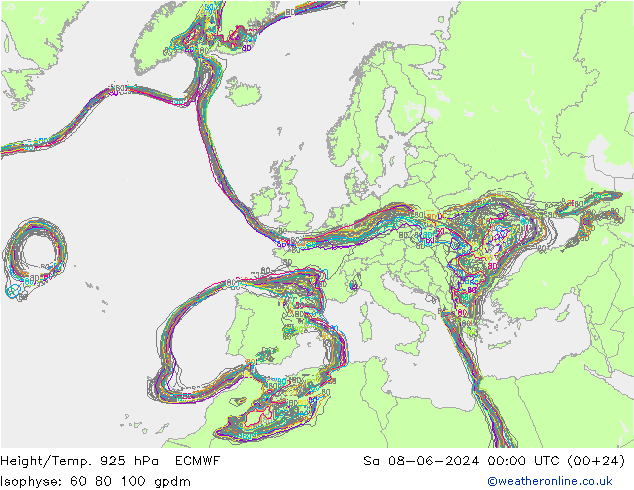 Height/Temp. 925 hPa ECMWF Sa 08.06.2024 00 UTC