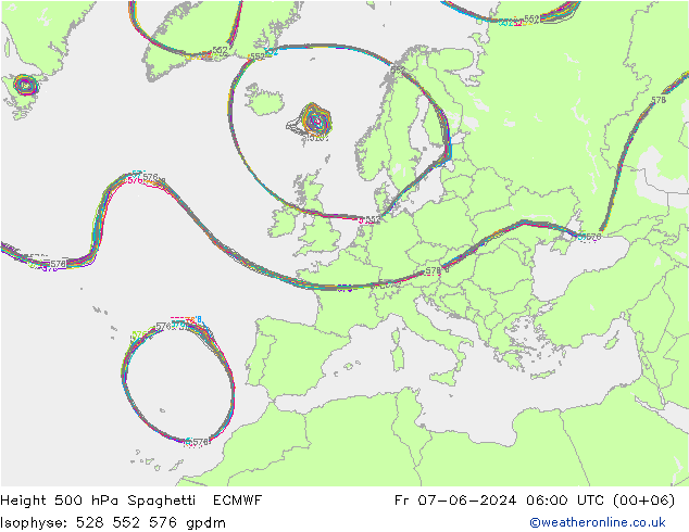 Height 500 hPa Spaghetti ECMWF Fr 07.06.2024 06 UTC