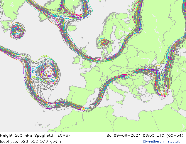 Height 500 hPa Spaghetti ECMWF Su 09.06.2024 06 UTC