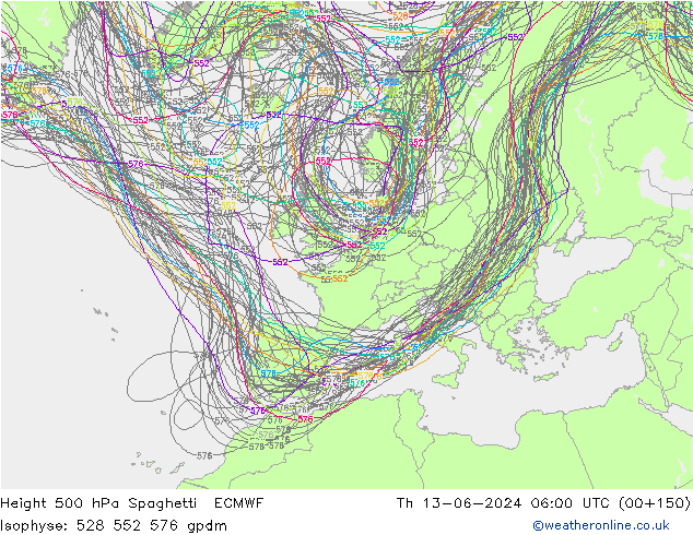 Height 500 hPa Spaghetti ECMWF czw. 13.06.2024 06 UTC