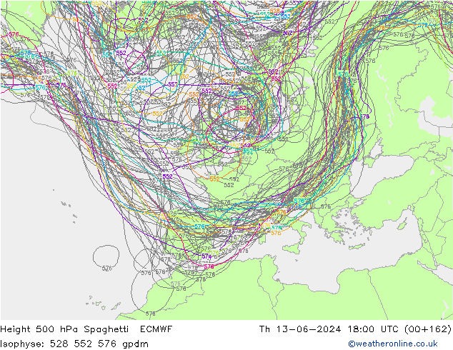 Height 500 hPa Spaghetti ECMWF Čt 13.06.2024 18 UTC