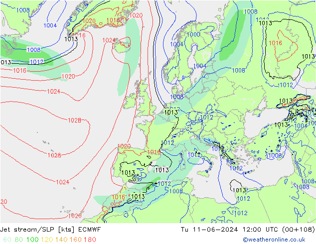 Jet stream/SLP ECMWF Út 11.06.2024 12 UTC