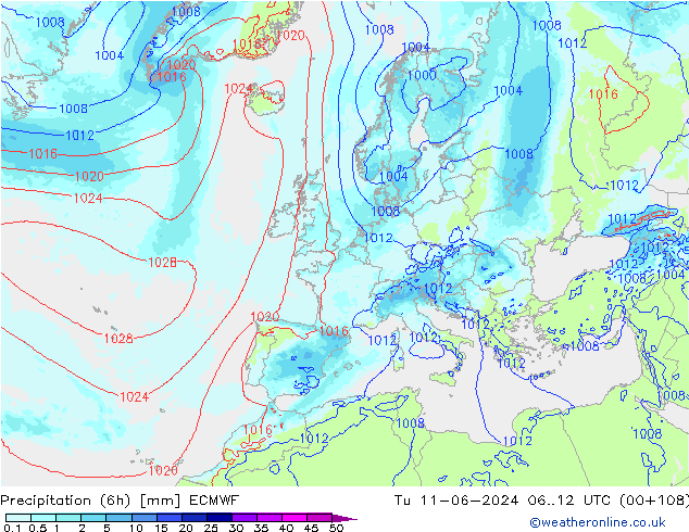 Precipitation (6h) ECMWF Út 11.06.2024 12 UTC