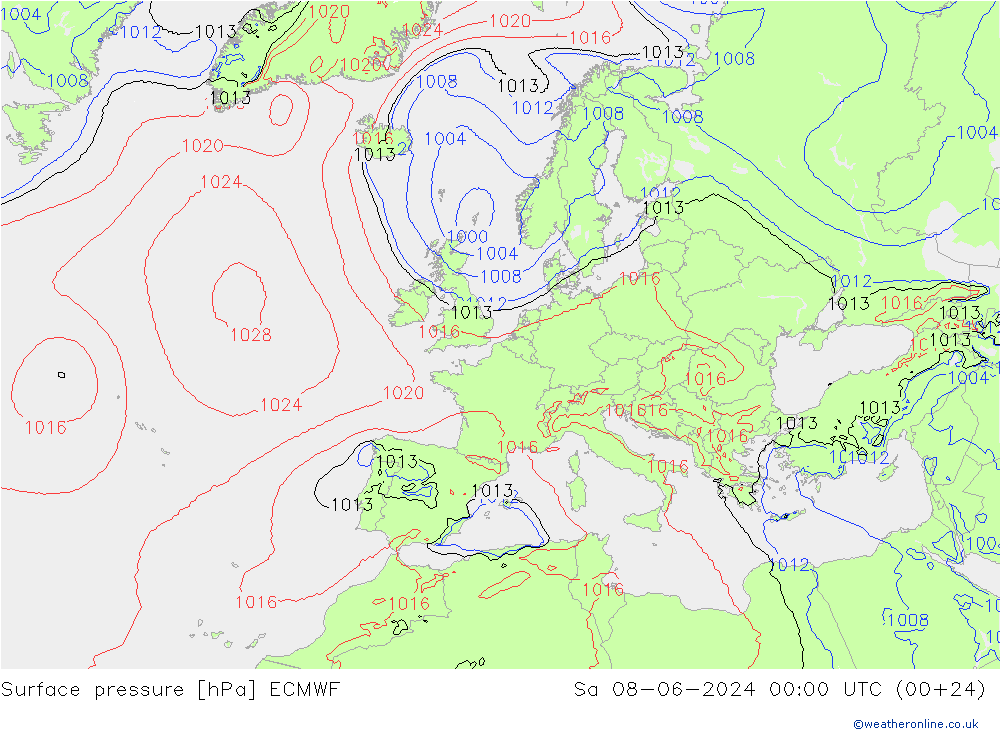 Surface pressure ECMWF Sa 08.06.2024 00 UTC