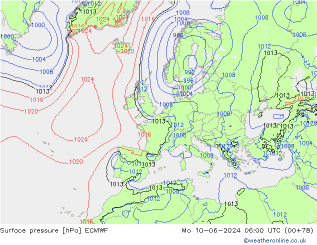 ciśnienie ECMWF pon. 10.06.2024 06 UTC