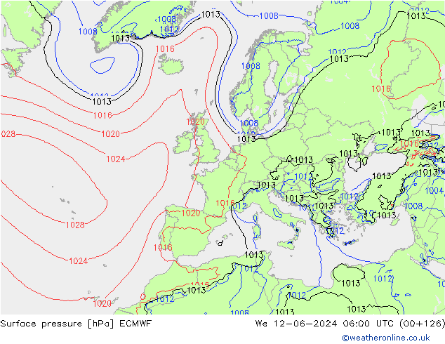 Surface pressure ECMWF We 12.06.2024 06 UTC