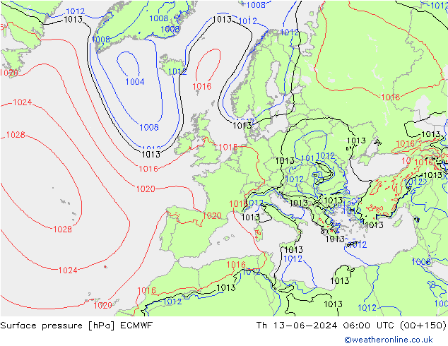 Surface pressure ECMWF Th 13.06.2024 06 UTC