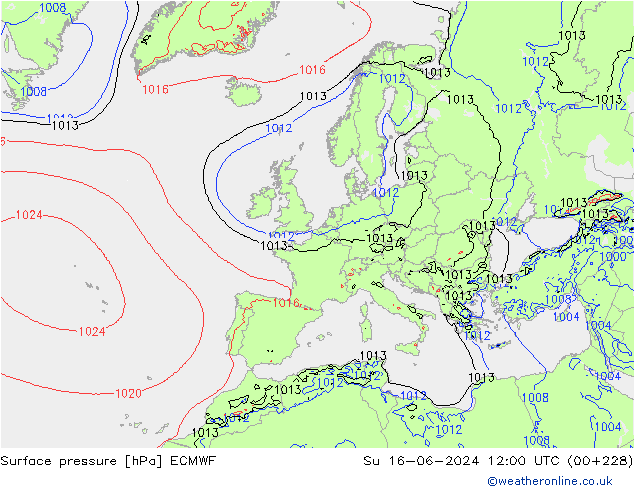 Atmosférický tlak ECMWF Ne 16.06.2024 12 UTC