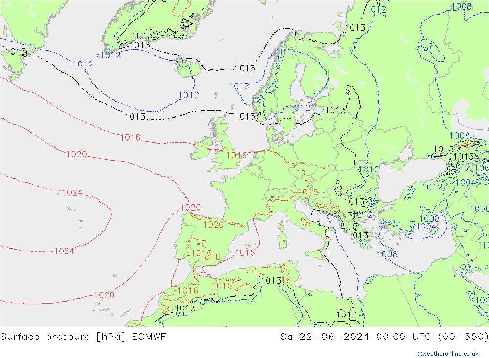 Surface pressure ECMWF Sa 22.06.2024 00 UTC