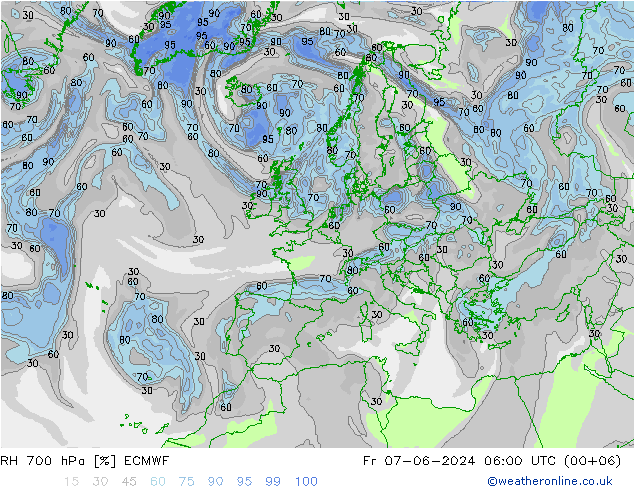 RH 700 hPa ECMWF ven 07.06.2024 06 UTC