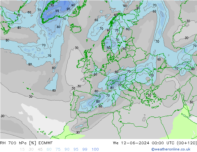 Humidité rel. 700 hPa ECMWF mer 12.06.2024 00 UTC