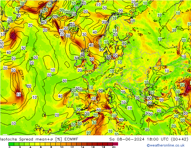 Isotachen Spread ECMWF za 08.06.2024 18 UTC