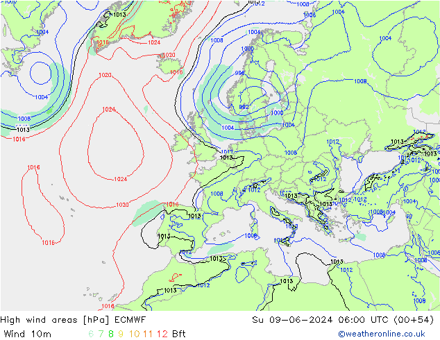 High wind areas ECMWF dim 09.06.2024 06 UTC