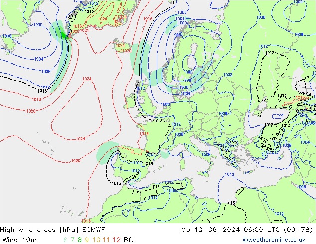 High wind areas ECMWF  10.06.2024 06 UTC