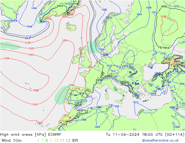 High wind areas ECMWF вт 11.06.2024 18 UTC