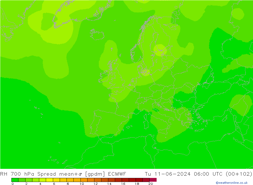 RH 700 hPa Spread ECMWF Ter 11.06.2024 06 UTC