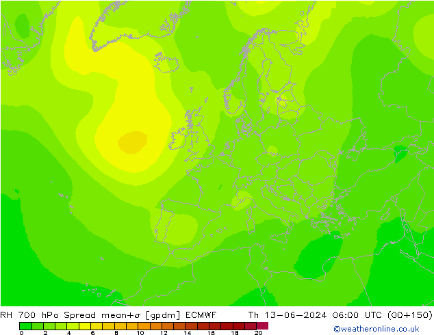 RH 700 hPa Spread ECMWF Qui 13.06.2024 06 UTC