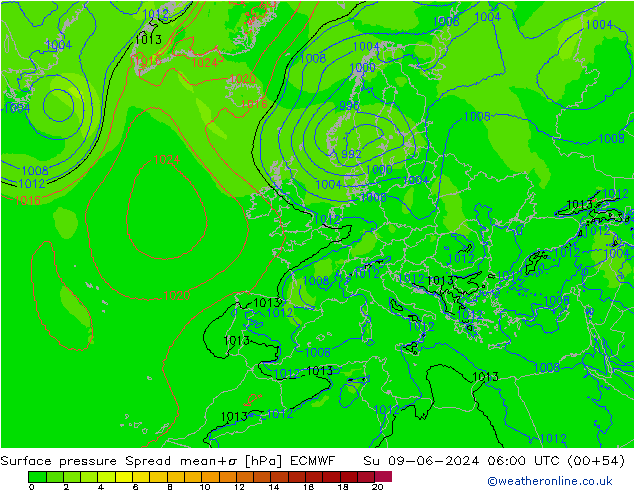 Surface pressure Spread ECMWF Su 09.06.2024 06 UTC