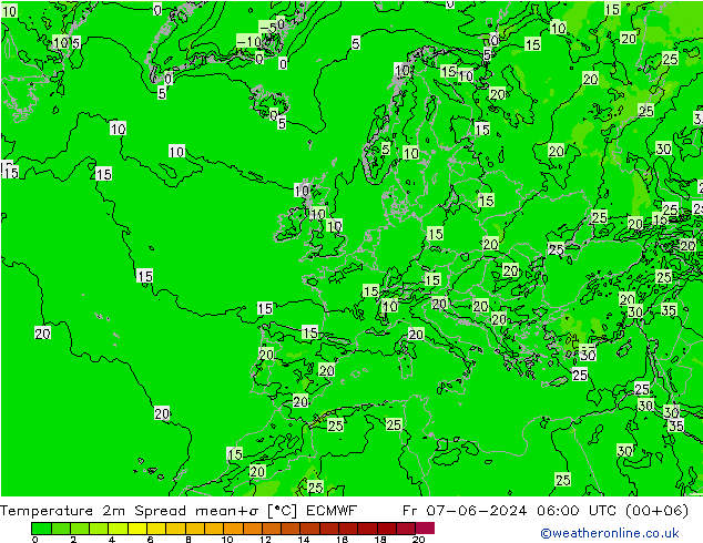 Temperature 2m Spread ECMWF Fr 07.06.2024 06 UTC