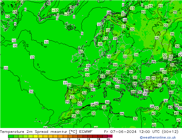 карта температуры Spread ECMWF пт 07.06.2024 12 UTC