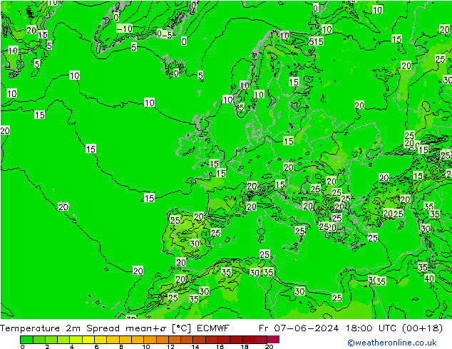 Temperature 2m Spread ECMWF Fr 07.06.2024 18 UTC