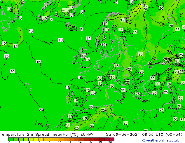 Temperature 2m Spread ECMWF Ne 09.06.2024 06 UTC