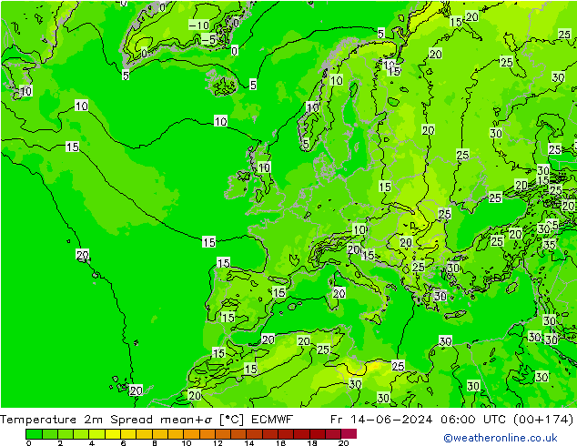 карта температуры Spread ECMWF пт 14.06.2024 06 UTC