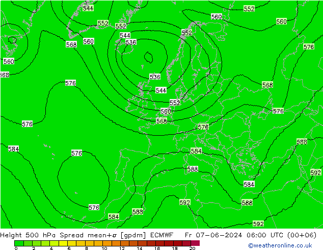 Height 500 hPa Spread ECMWF 星期五 07.06.2024 06 UTC