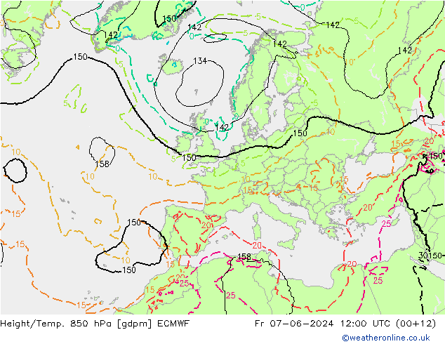 Height/Temp. 850 hPa ECMWF Pá 07.06.2024 12 UTC