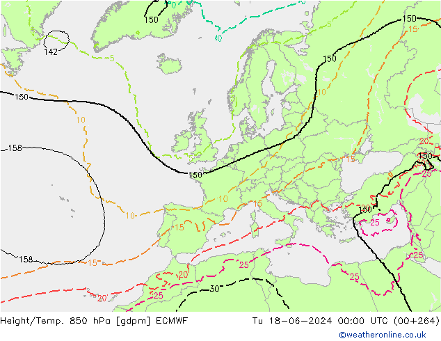Height/Temp. 850 hPa ECMWF Út 18.06.2024 00 UTC