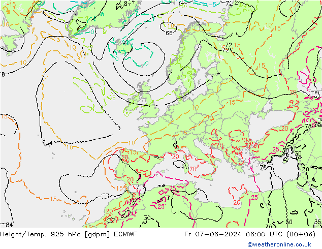 Geop./Temp. 925 hPa ECMWF vie 07.06.2024 06 UTC