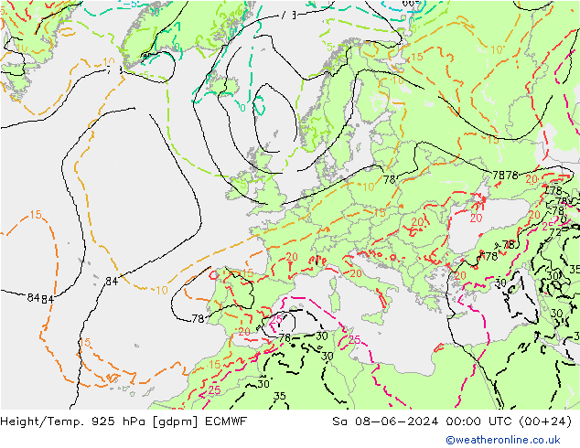 Height/Temp. 925 hPa ECMWF Sa 08.06.2024 00 UTC