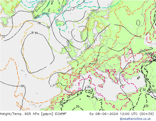 Height/Temp. 925 hPa ECMWF Sa 08.06.2024 12 UTC