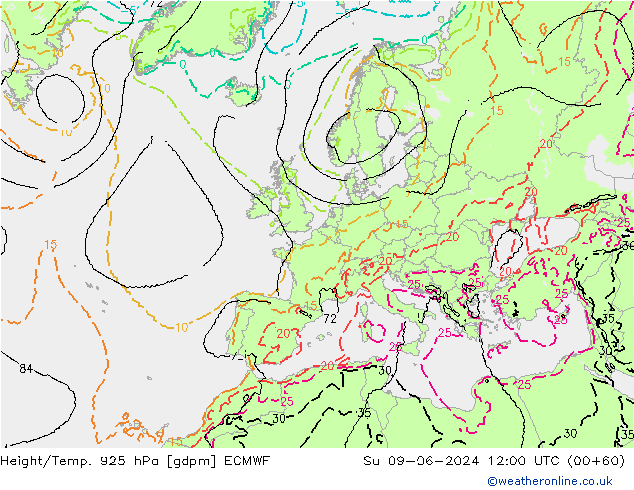 Height/Temp. 925 hPa ECMWF So 09.06.2024 12 UTC