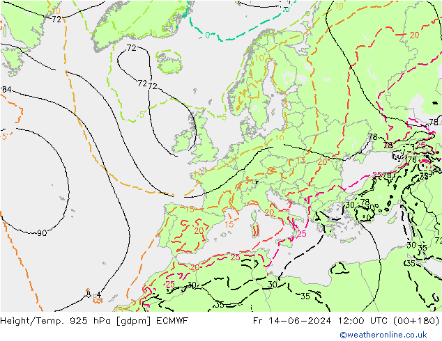 Height/Temp. 925 hPa ECMWF Fr 14.06.2024 12 UTC