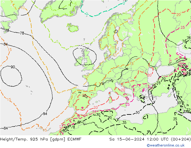 Height/Temp. 925 hPa ECMWF Sa 15.06.2024 12 UTC