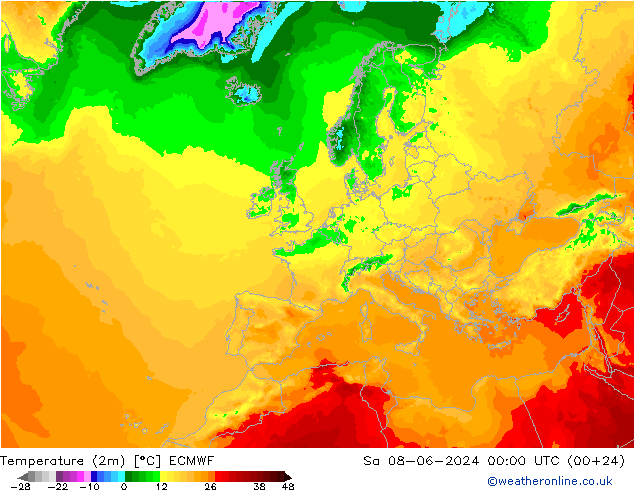 mapa temperatury (2m) ECMWF so. 08.06.2024 00 UTC