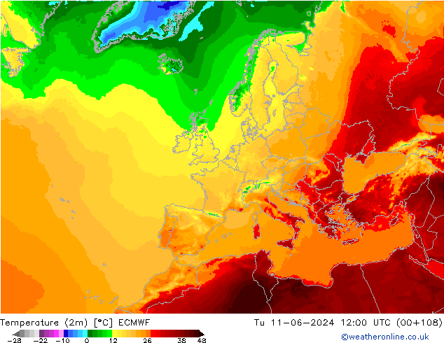 Temperaturkarte (2m) ECMWF Di 11.06.2024 12 UTC