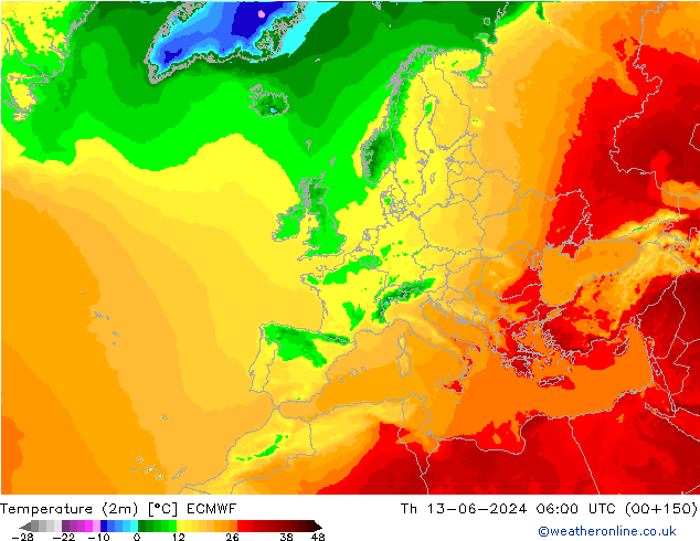 mapa temperatury (2m) ECMWF czw. 13.06.2024 06 UTC